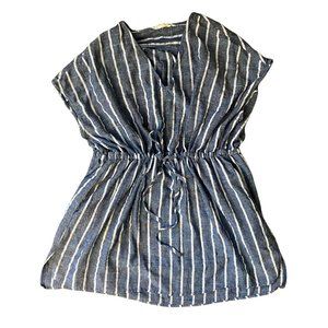 Cotton Bleu Vertical White and Blue Stripes Shirt Dress With Drawstring Size Lar